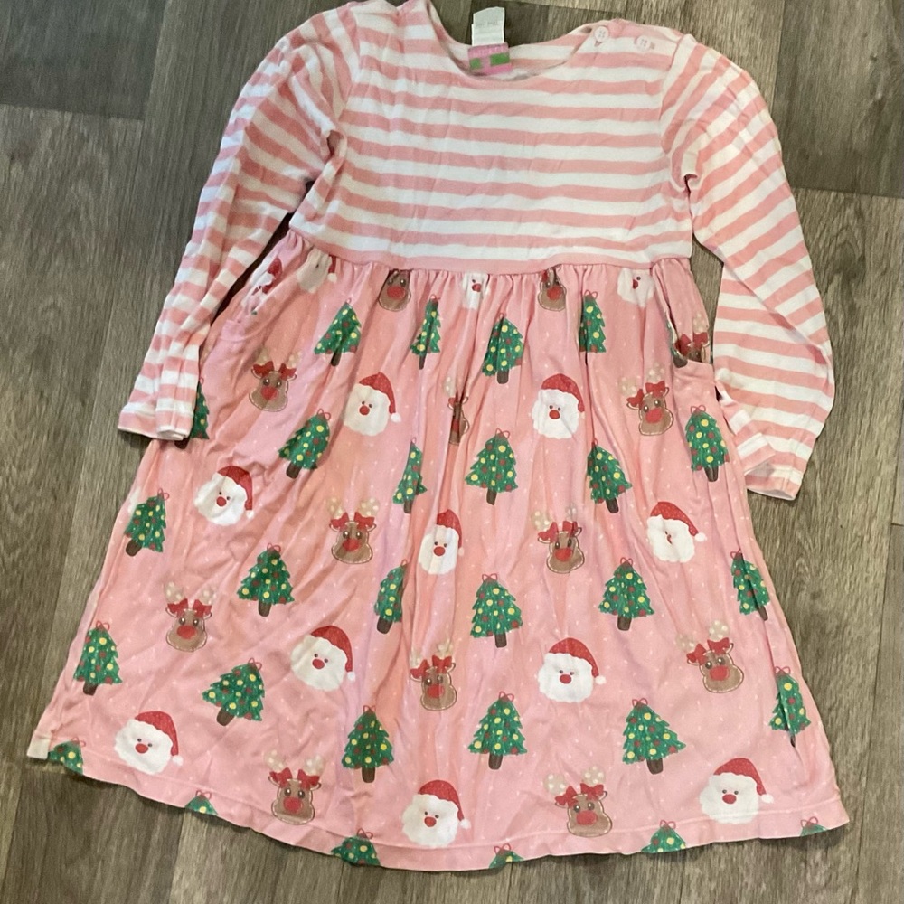Posh pickle Pink Striped Christmas Dress with Santa and Reindeer